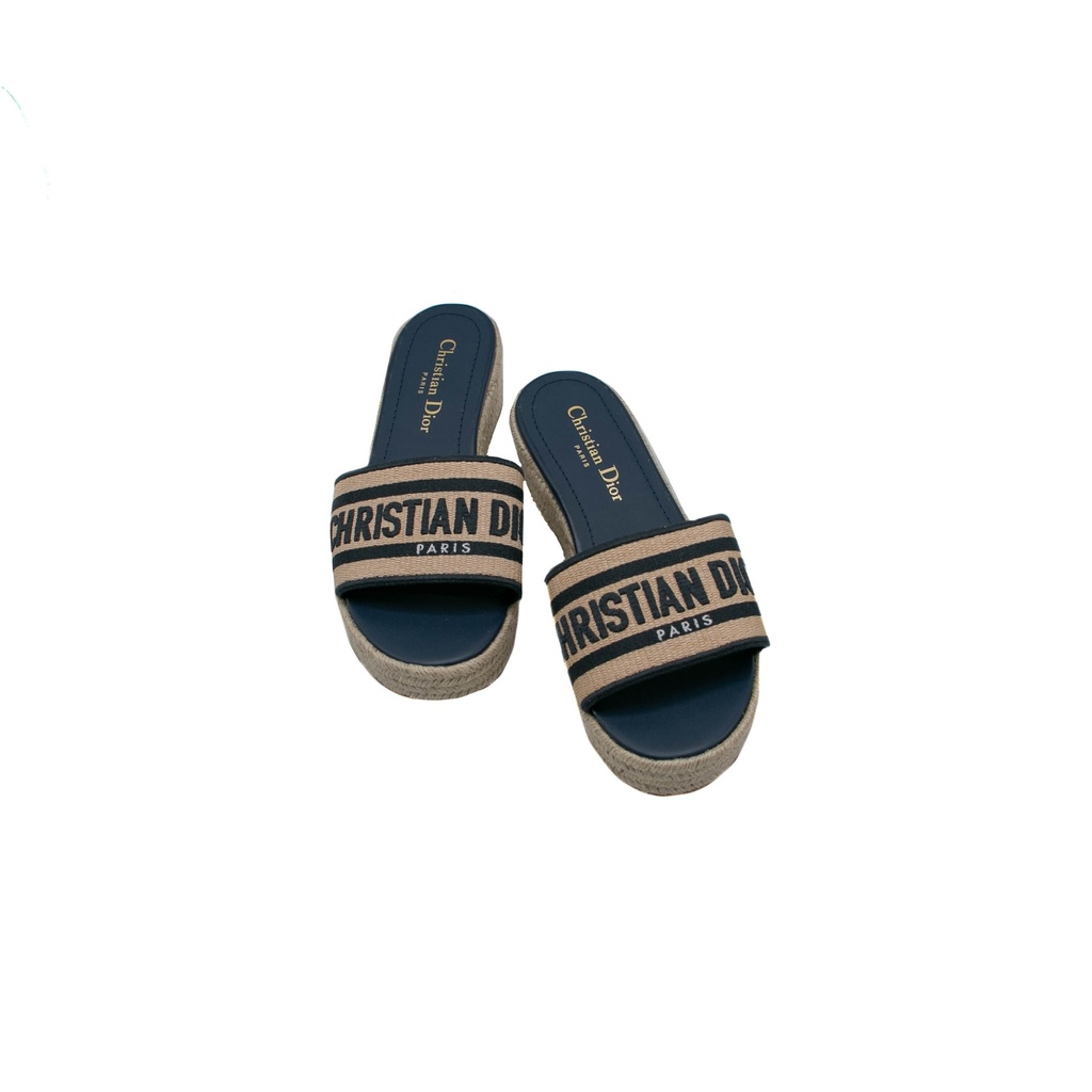 Christian Dior Dway Platform Slide Natural Raffia and Deep Blue Embroidered Cotton Size 37