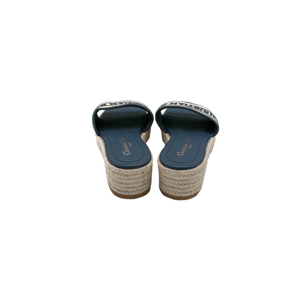 Christian Dior Dway Platform Slide Natural Raffia and Deep Blue Embroidered Cotton Size 37