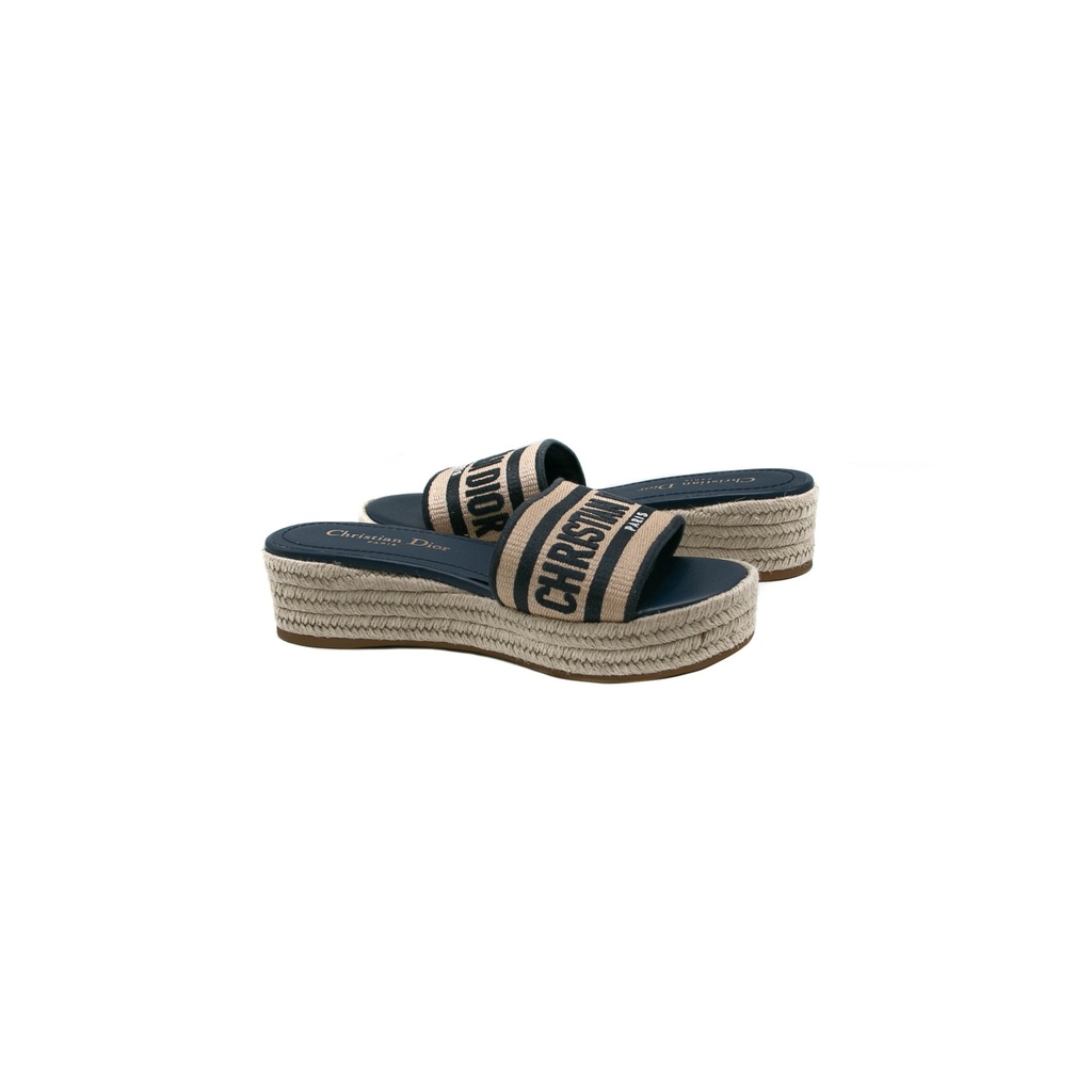 Christian Dior Dway Platform Slide Natural Raffia and Deep Blue Embroidered Cotton Size 37