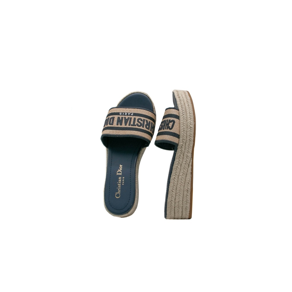Christian Dior Dway Platform Slide Natural Raffia and Deep Blue Embroidered Cotton Size 37