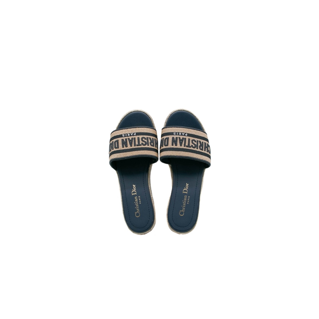 Christian Dior Dway Platform Slide Natural Raffia and Deep Blue Embroidered Cotton Size 37