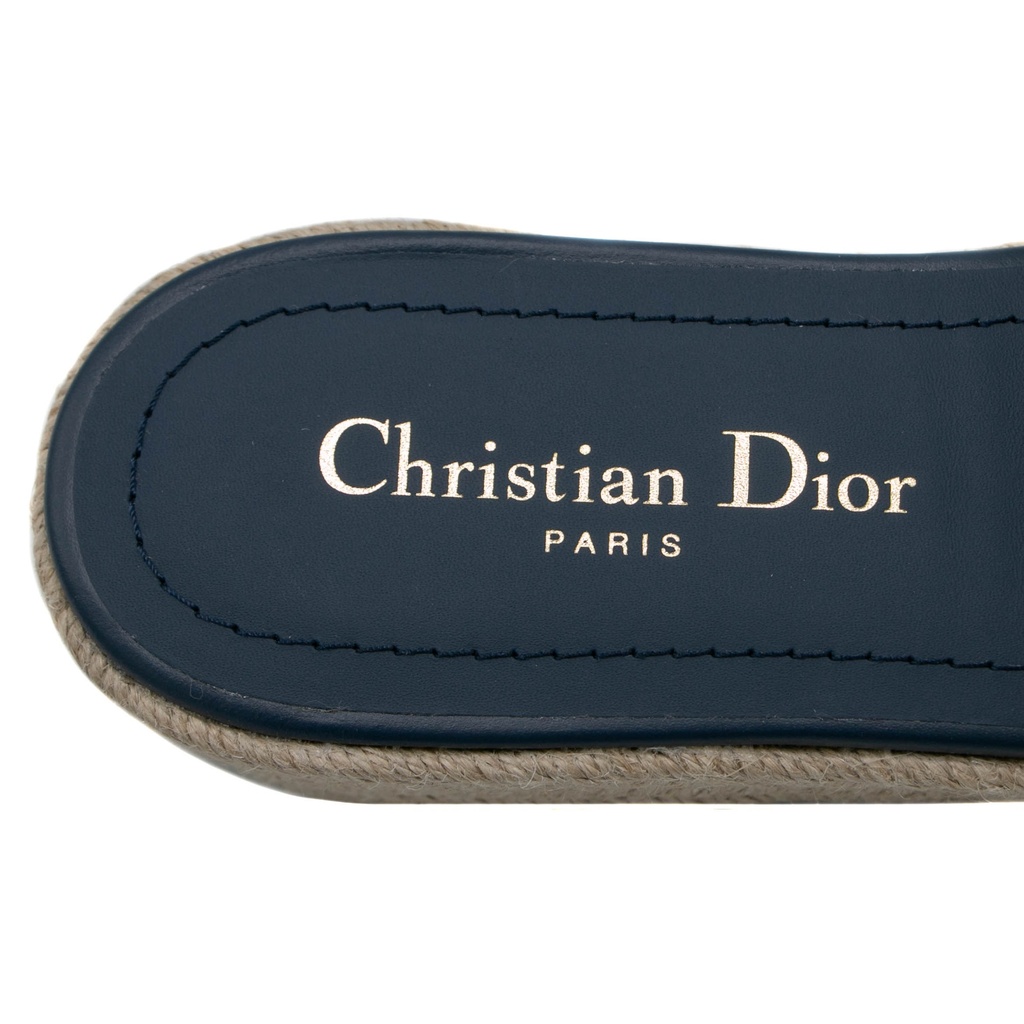 Christian Dior Dway Platform Slide Natural Raffia and Deep Blue Embroidered Cotton Size 37