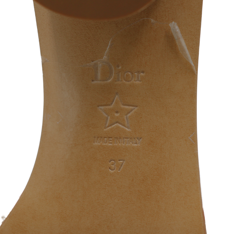 Christian Dior Dway Heeled Slide Natural Raffia and Pink Embroidered Cotton In Size 37