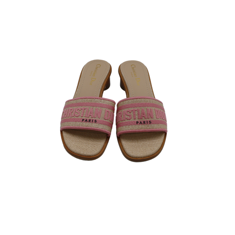 Christian Dior Dway Heeled Slide Natural Raffia and Pink Embroidered Cotton In Size 38