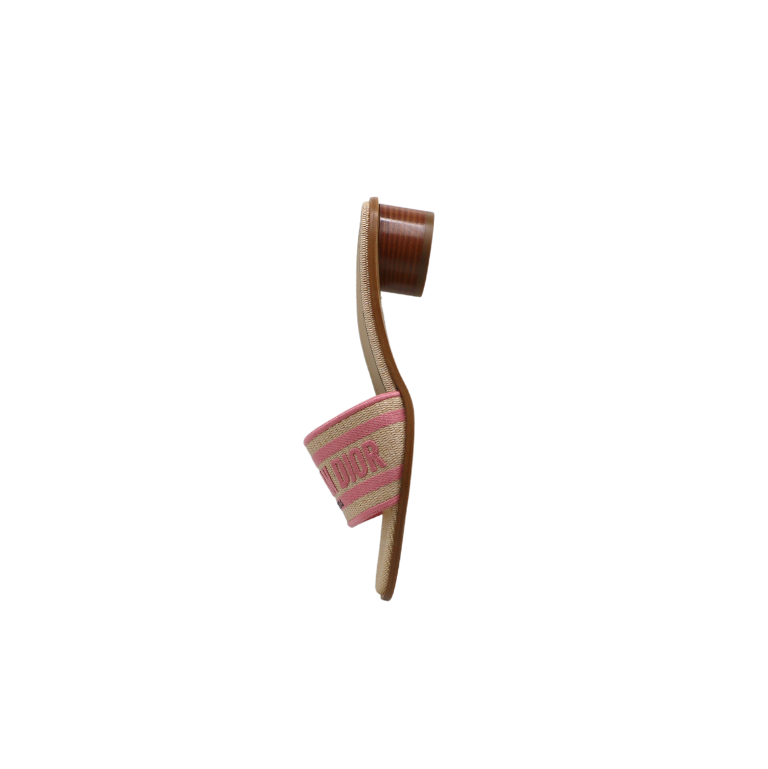 Christian Dior Dway Heeled Slide Natural Raffia and Pink Embroidered Cotton In Size 38