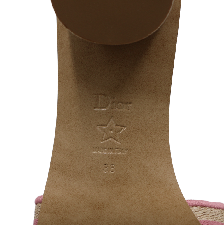 Christian Dior Dway Heeled Slide Natural Raffia and Pink Embroidered Cotton In Size 38