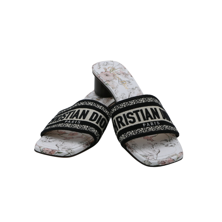 Christian Dior Dway Heeled Slide Cotton and White Multicolor Toile de Jouy Papillon Motit Size 38
