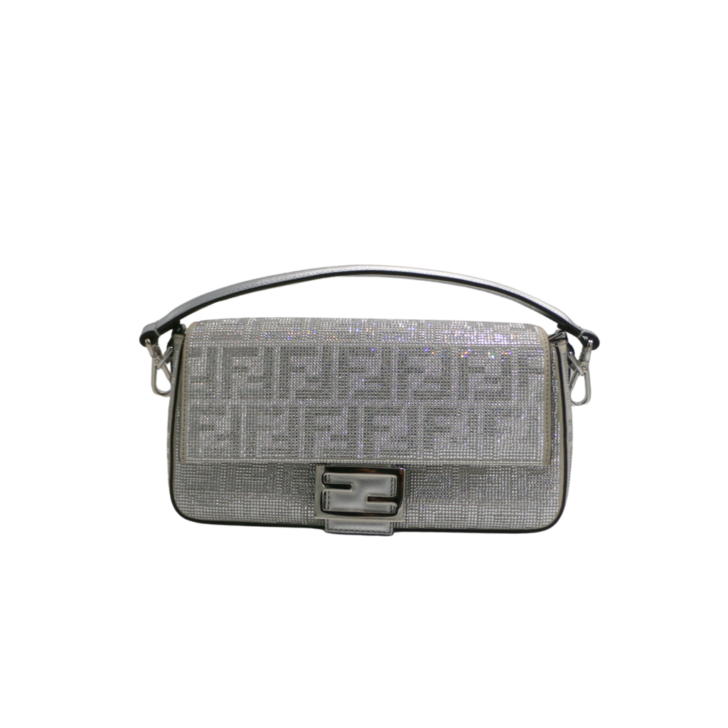 Fendi Crystal Vitello Laminato FF Baguette Crystal Argento