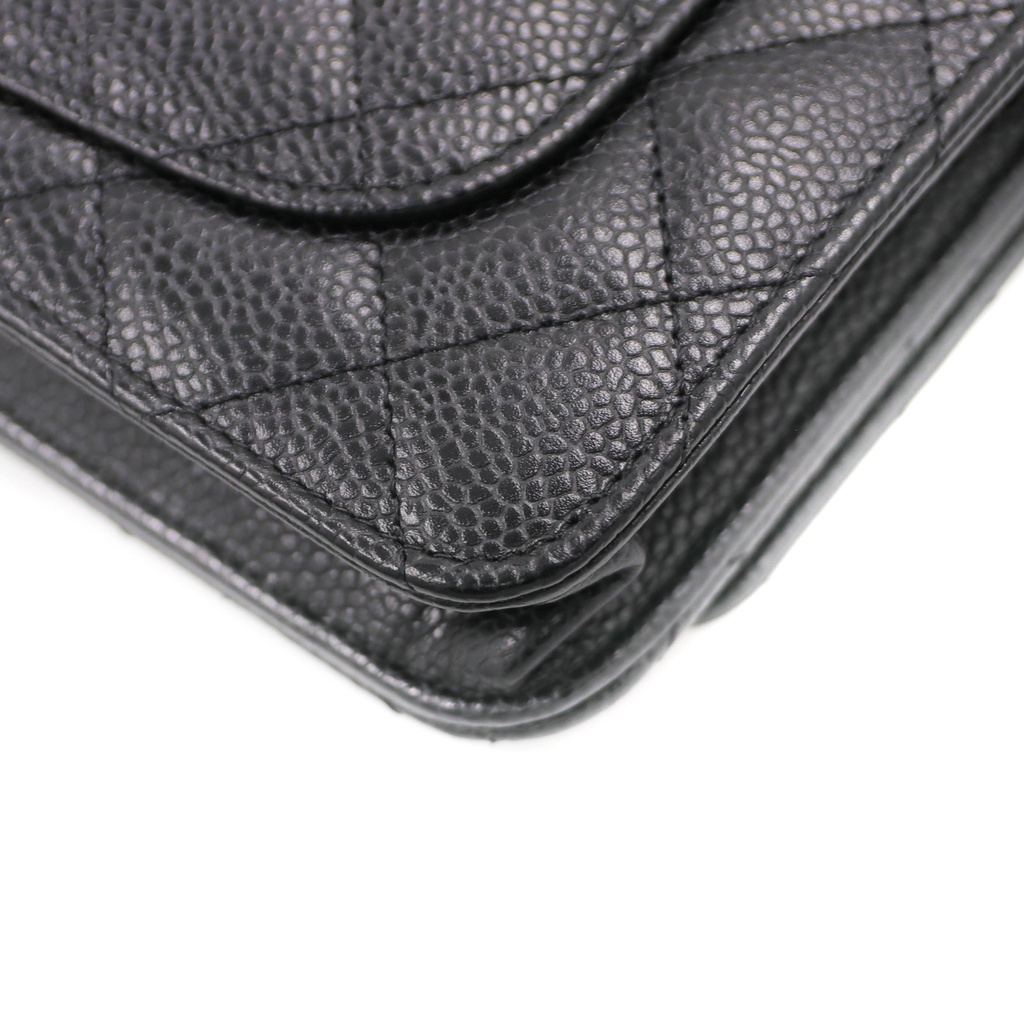 Chanel Black Quilted Caviar Leather Boy Wallet On Chain