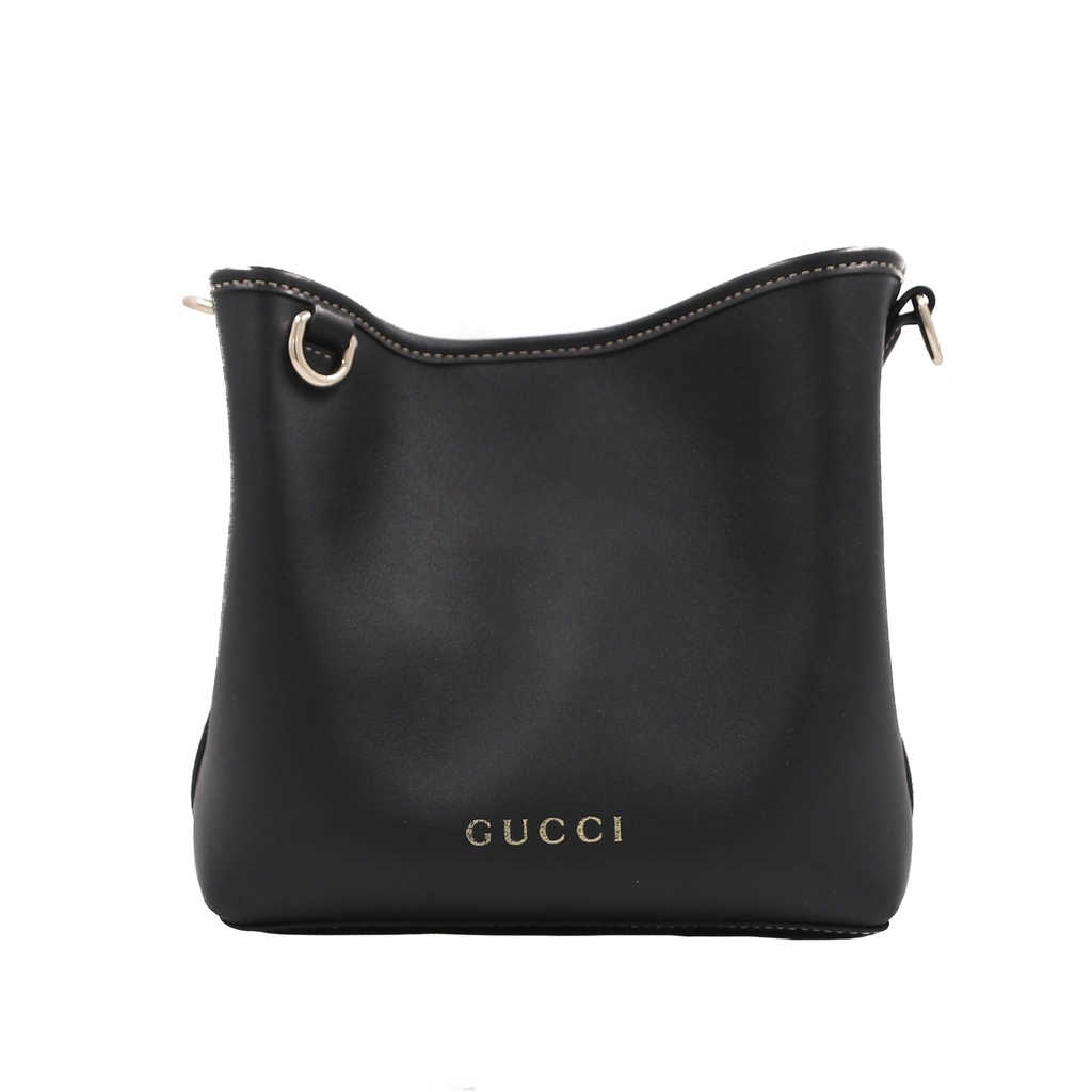 Gucci GG Emblem Black Leather Bucket Bag
