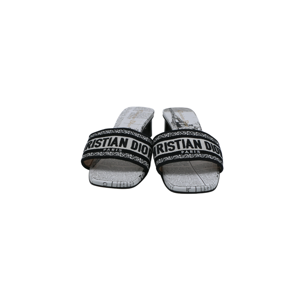 Christian Dior Dway Heeled Slide Black And White Eiffel Tower Embroidered Cotton Size 38