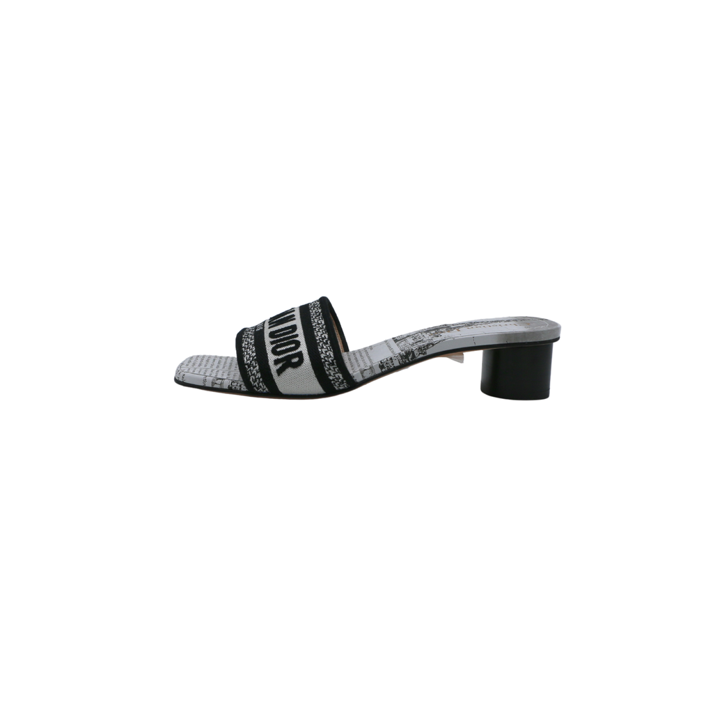 Christian Dior Dway Heeled Slide Black And White Eiffel Tower Embroidered Cotton Size 38