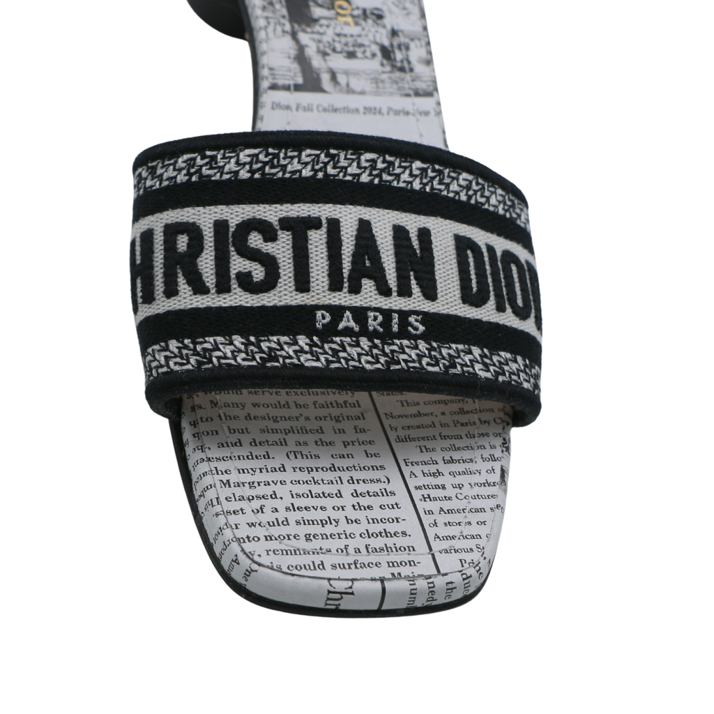 Christian Dior Dway Heeled Slide Black And White Eiffel Tower Embroidered Cotton Size 38