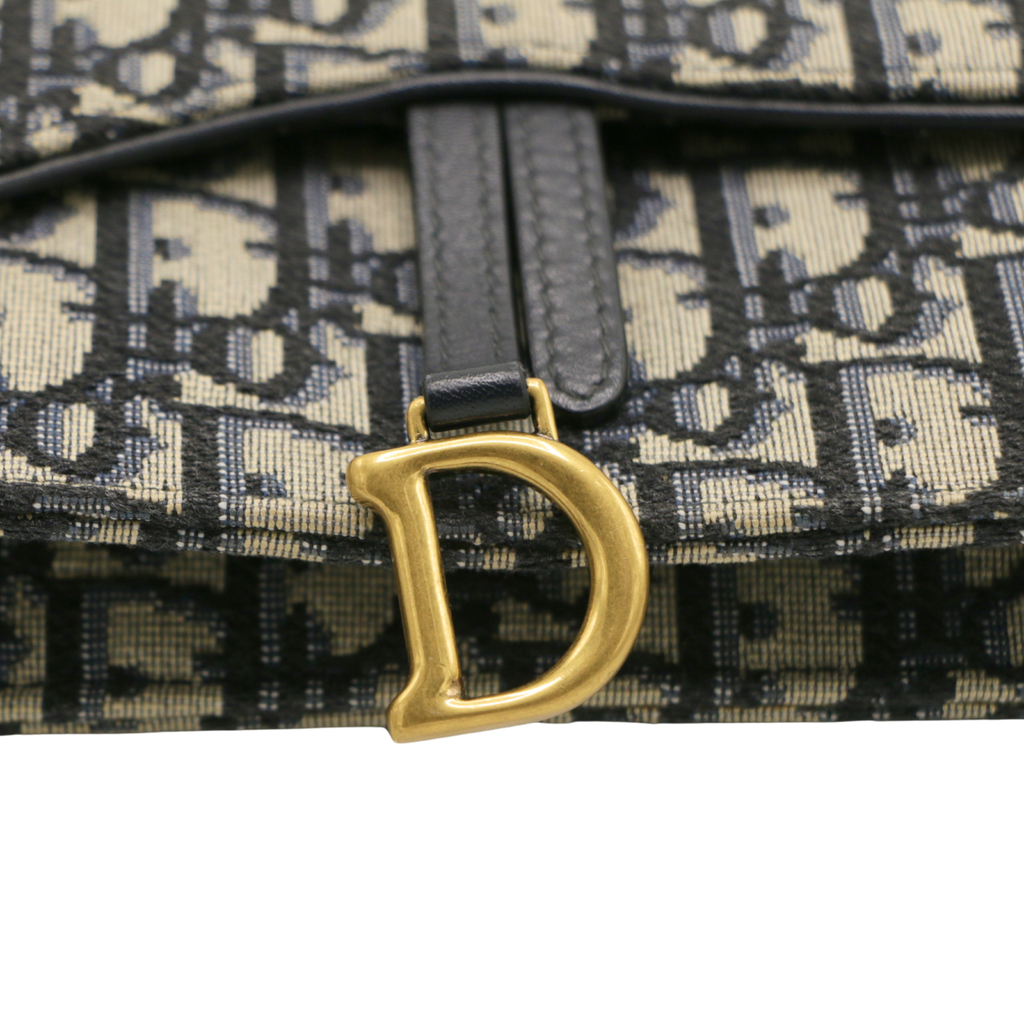 Christian Dior Oblique Jacquard Saddle Wallet on Chain Blue