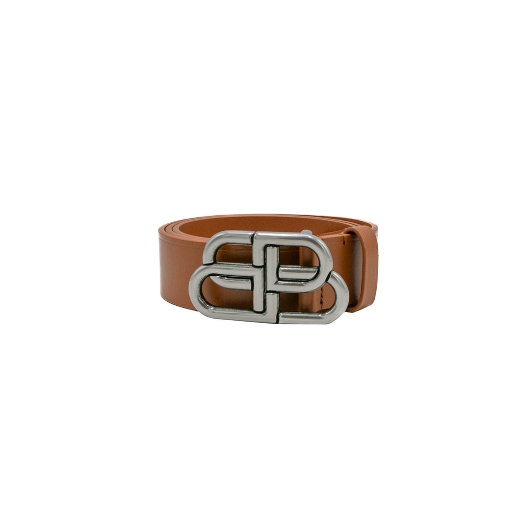 [Balenciaga-15859] Balenciaga Women's BB Thin Belt In Brown Calfskin And Silver Buckle In Size 90