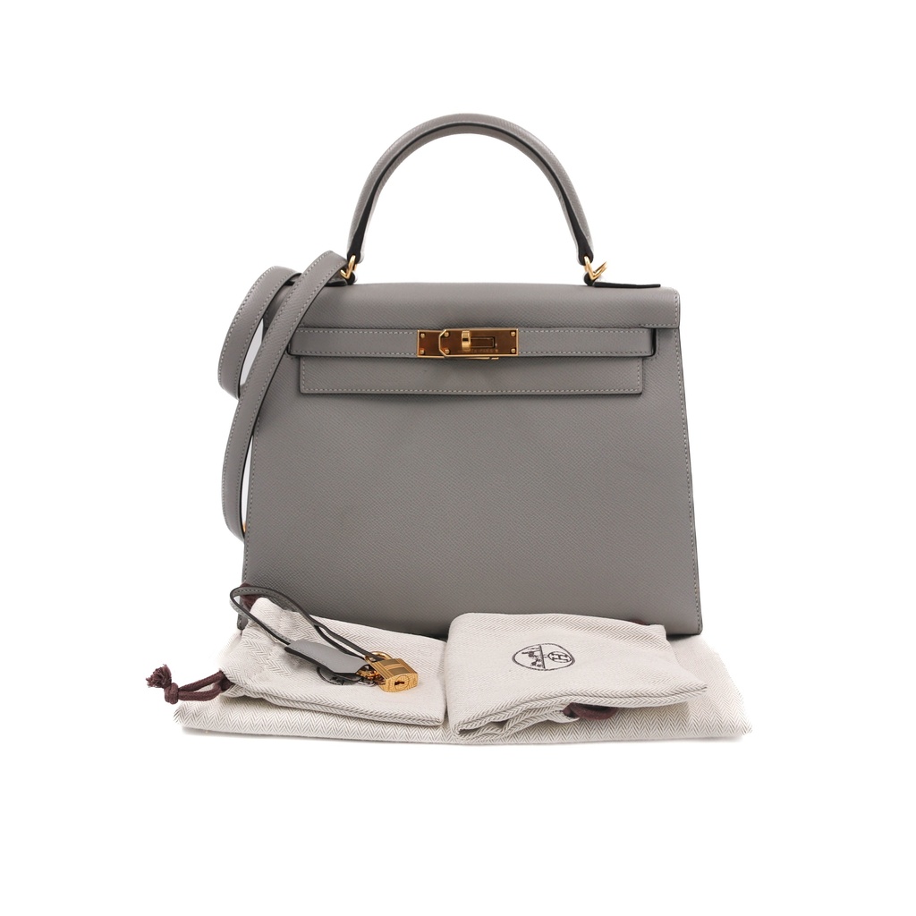 Hermes Epsom Leather Kelly 28 Gris Meyer Handbag