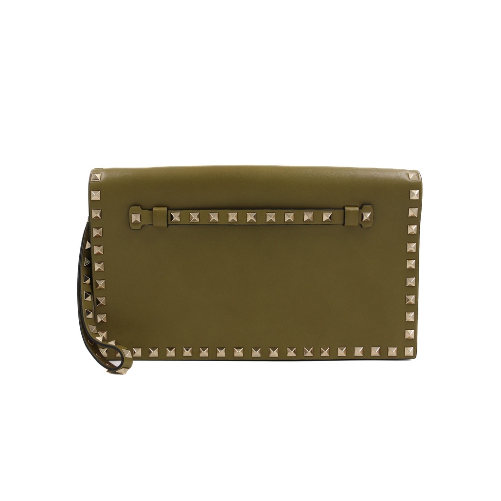 [Valentino-19385] Valentino Rockstud Green Leather Clutch