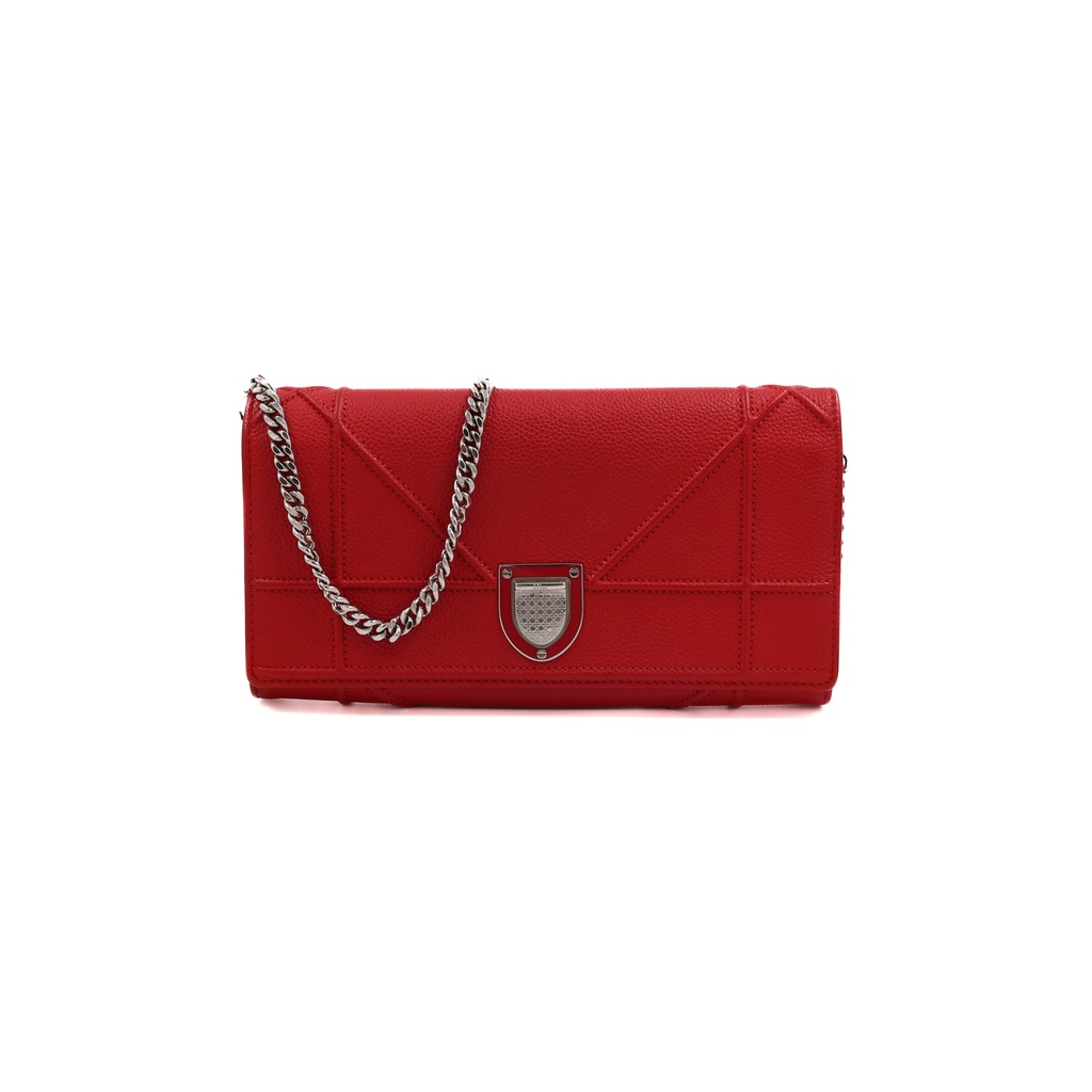 Christian Dior Grained Calfskin Diorama Wallet on Chain Pouch Red