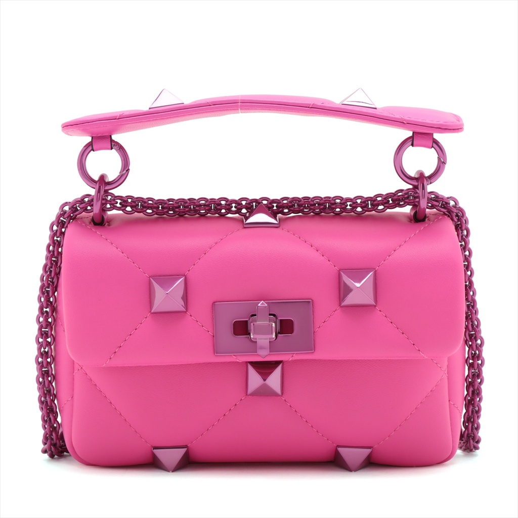 [Valentino-19473] Valentino Leather Roman Stud Top Handle Bag Small Pink