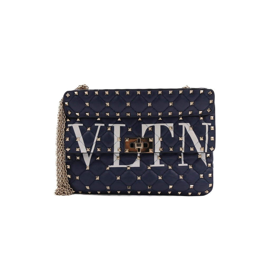 Valentino Garavani Nappa VLTN Print Medium Rockstud Spike Shoulder Bag Pure Blue White
