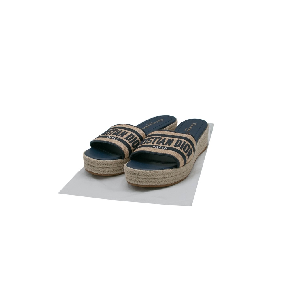 Christian Dior Dway Platform Slide Natural Raffia and Deep Blue Embroidered Cotton Size 37