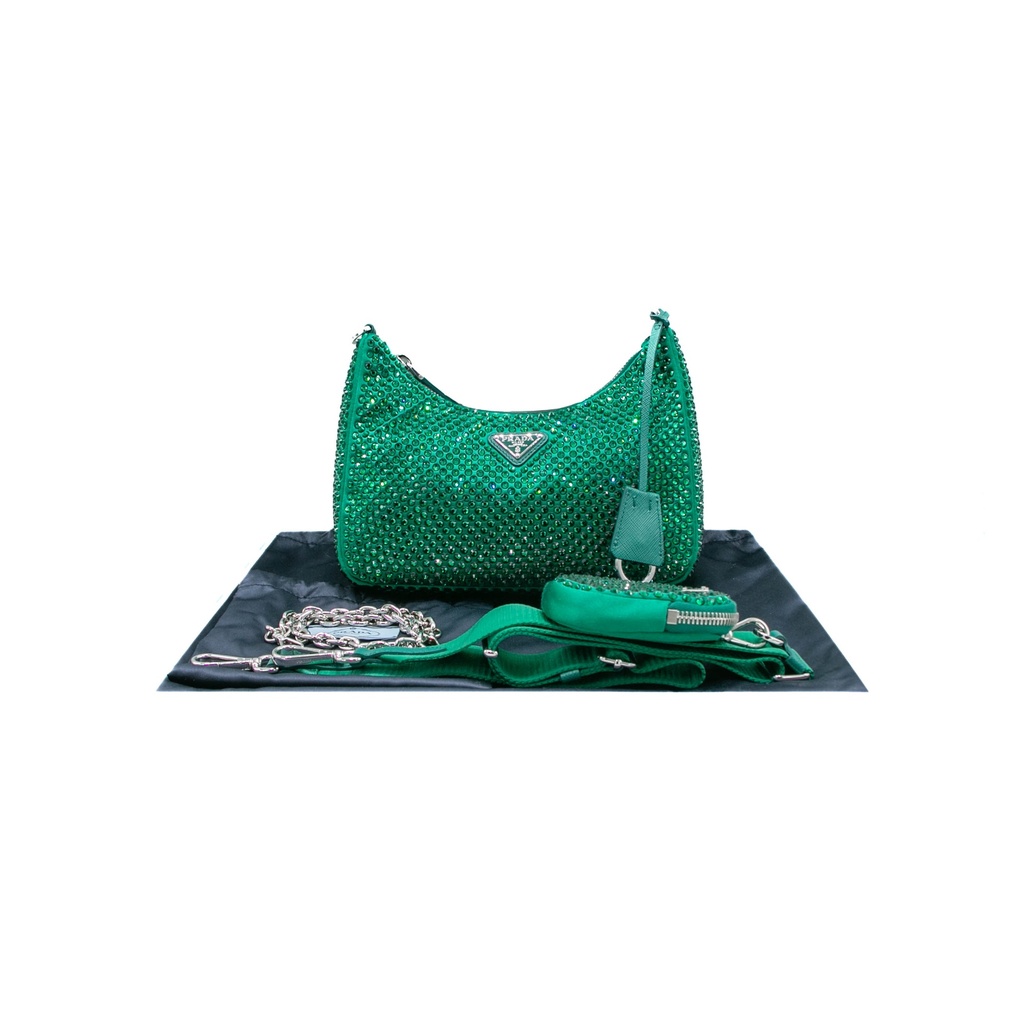 Prada Satin Crystal Re-Edition 2005 Green Shoulder Bag