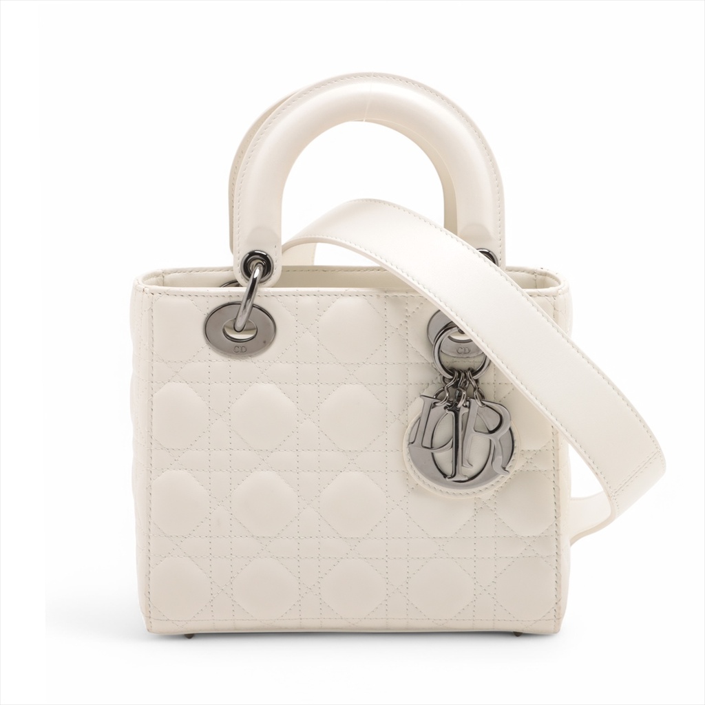 [Christian-Dior-20330] Christian Dior My Lady Dior Cannage Leather Handbag White 