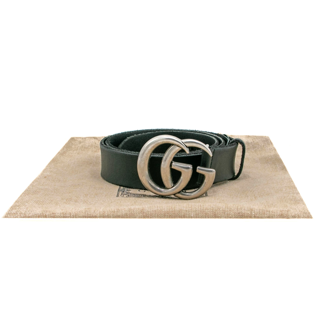 [Gucci-20518] Gucci Leather Slim Black Belt with Double G Buckle 75 30 414516