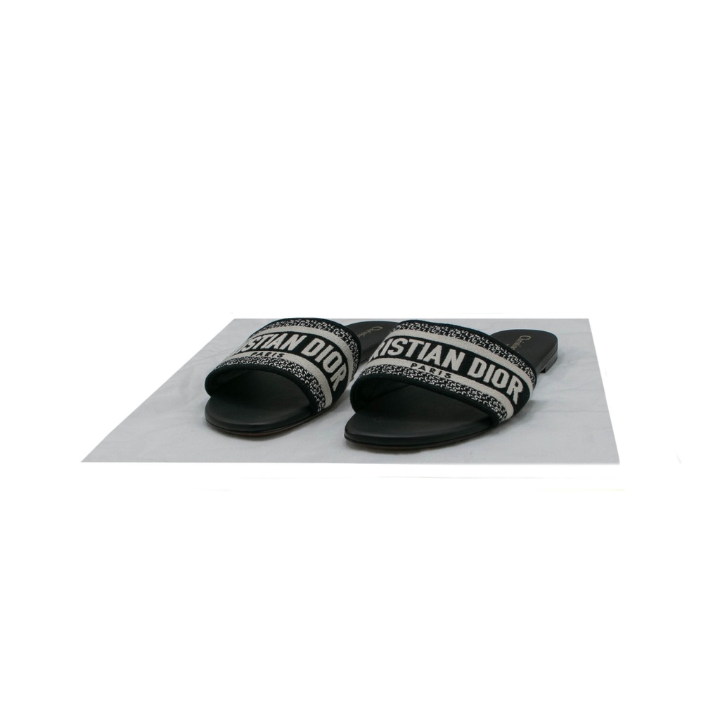 Christian Dior Dway Slide Black Embroidered Cotton In Size 38 1/2