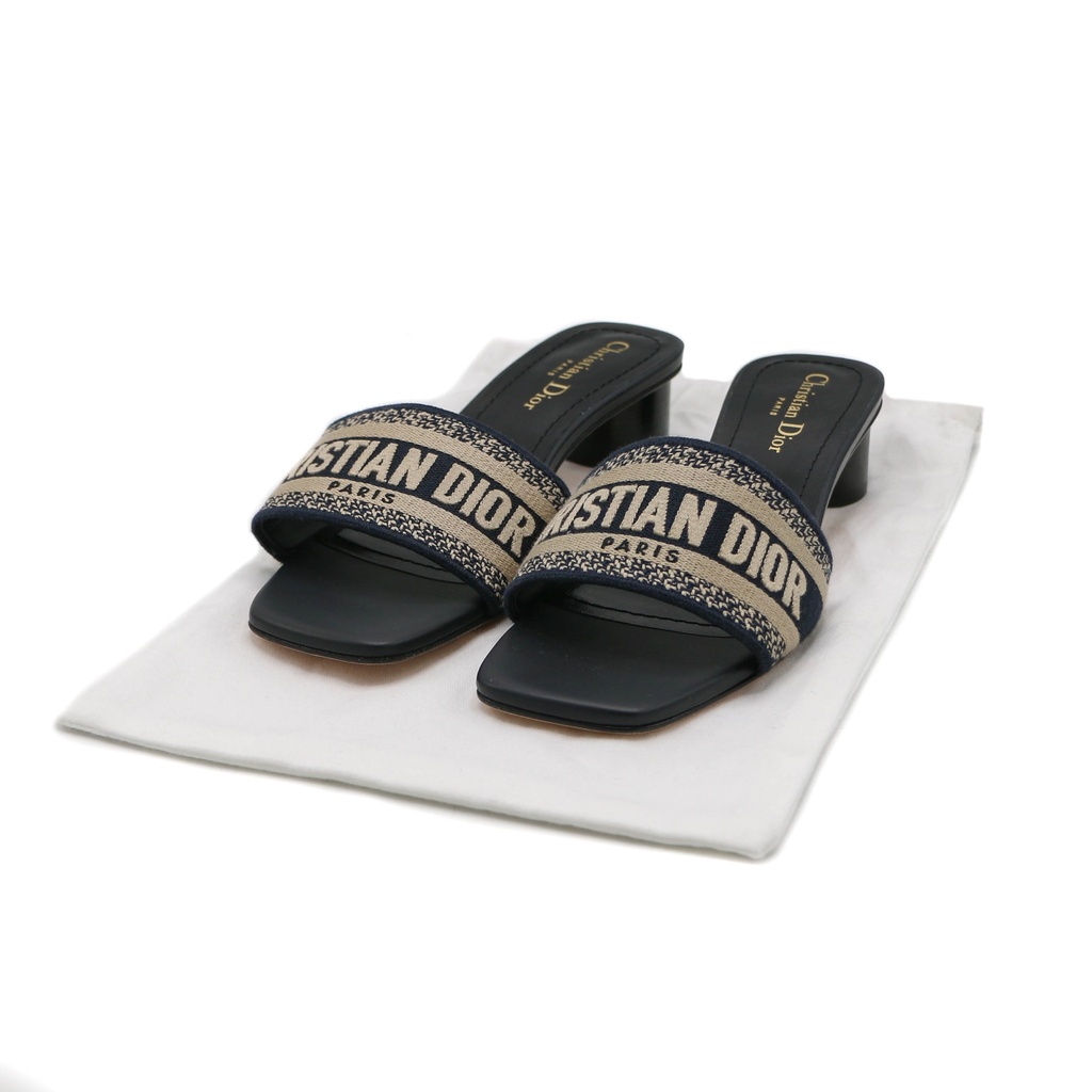 Christian Dior Dway Heeled Slide Deep Blue Embroidered Cotton Size 37 1/2