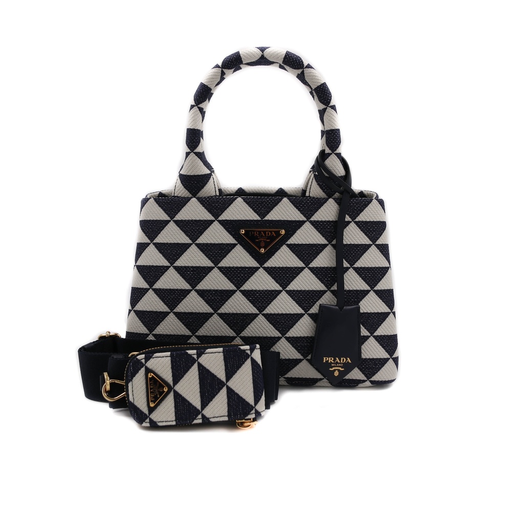 Prada Black and White Small Prada Symbole Embroidered Fabric Handbag