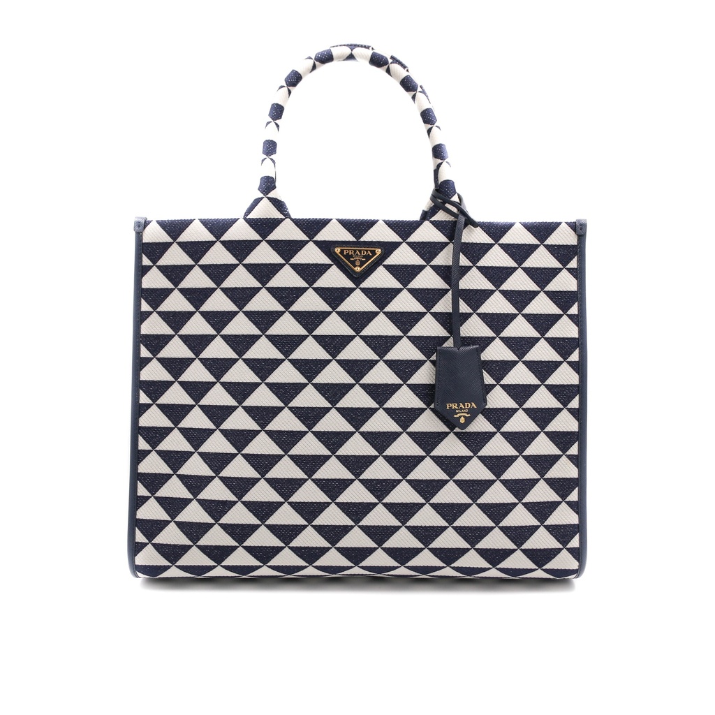 Baltic Blue/Chalk White Large Prada Symbole Embroidered Fabric Handbag