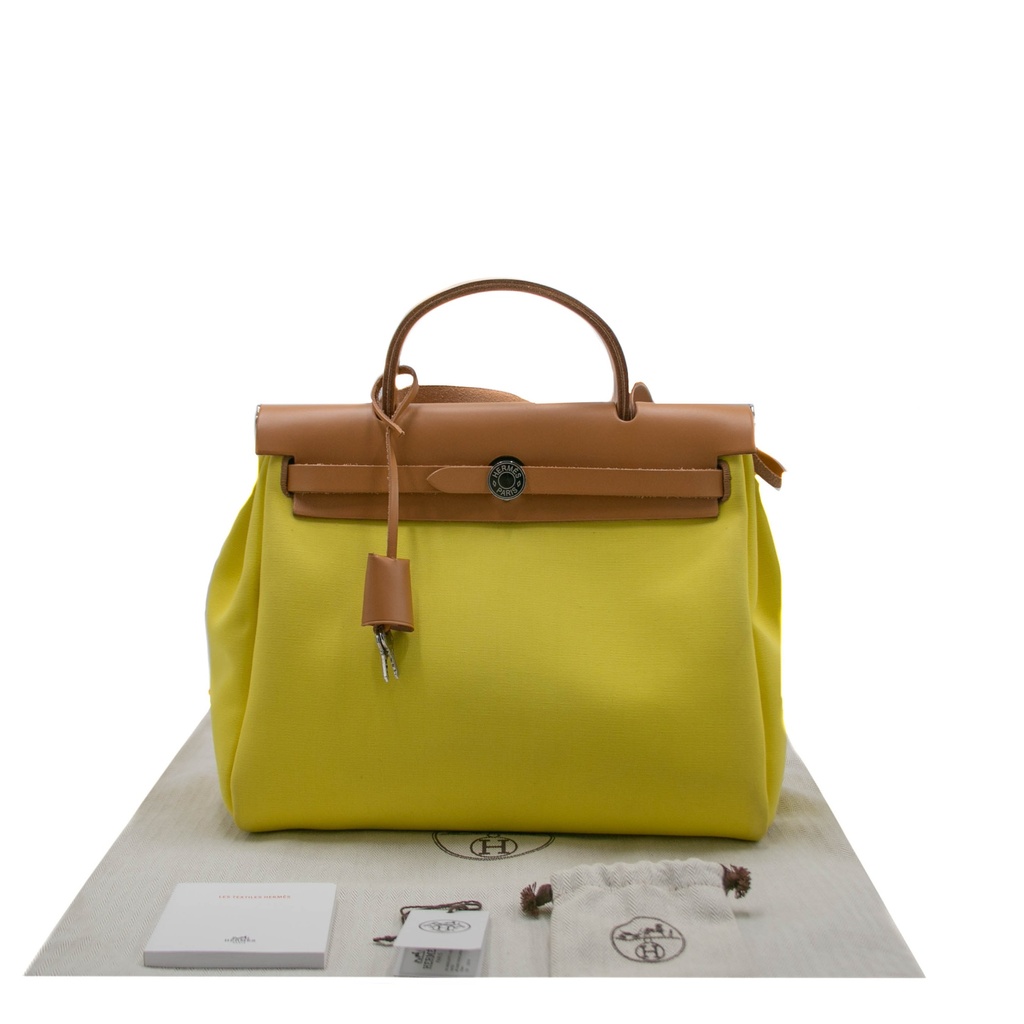 [Hermes-21390] Hermes Herbag Zip Leather and Toile 31 Yellow