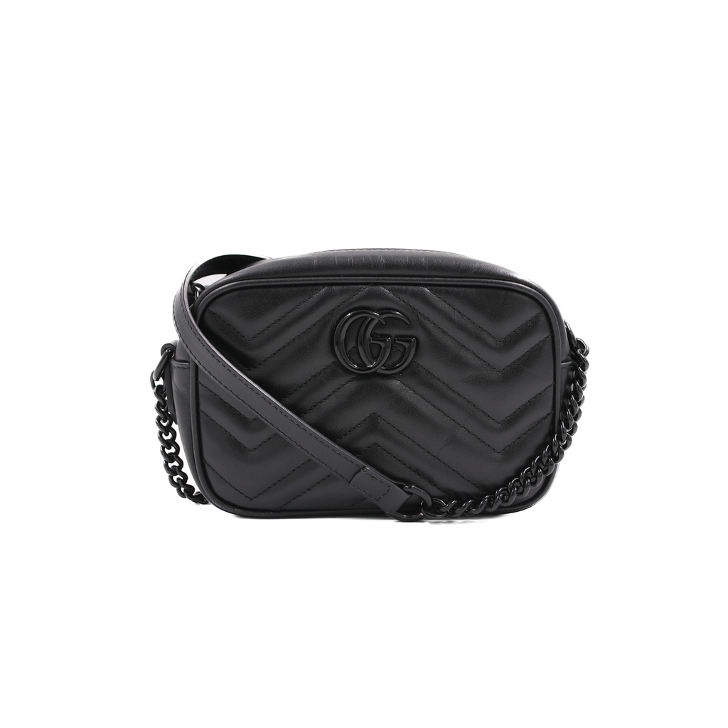 Gucci Calfskin Matelasse Monochrome Small GG Marmont Chain Shoulder Bag Black