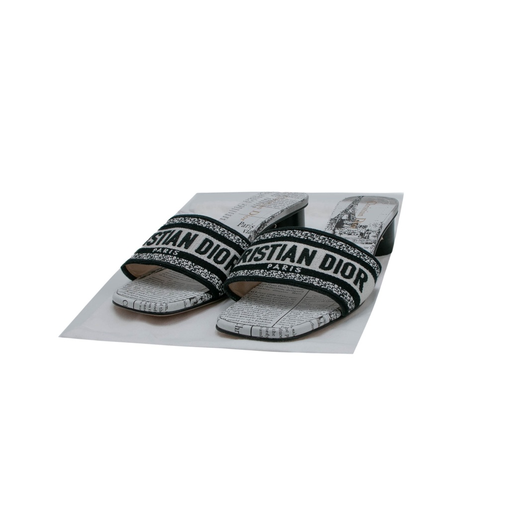 [Christian-Dior-22011] Christian Dior Dway Heeled Slide Black And White Eiffel Tower Embroidered Cotton Size 37 1/2