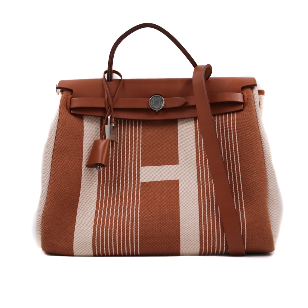 [Hermes-22384] Hermes Vache Hunter Toile H Vibration Herbag Zip Retourne 31 PM Fauve Ecru Beige