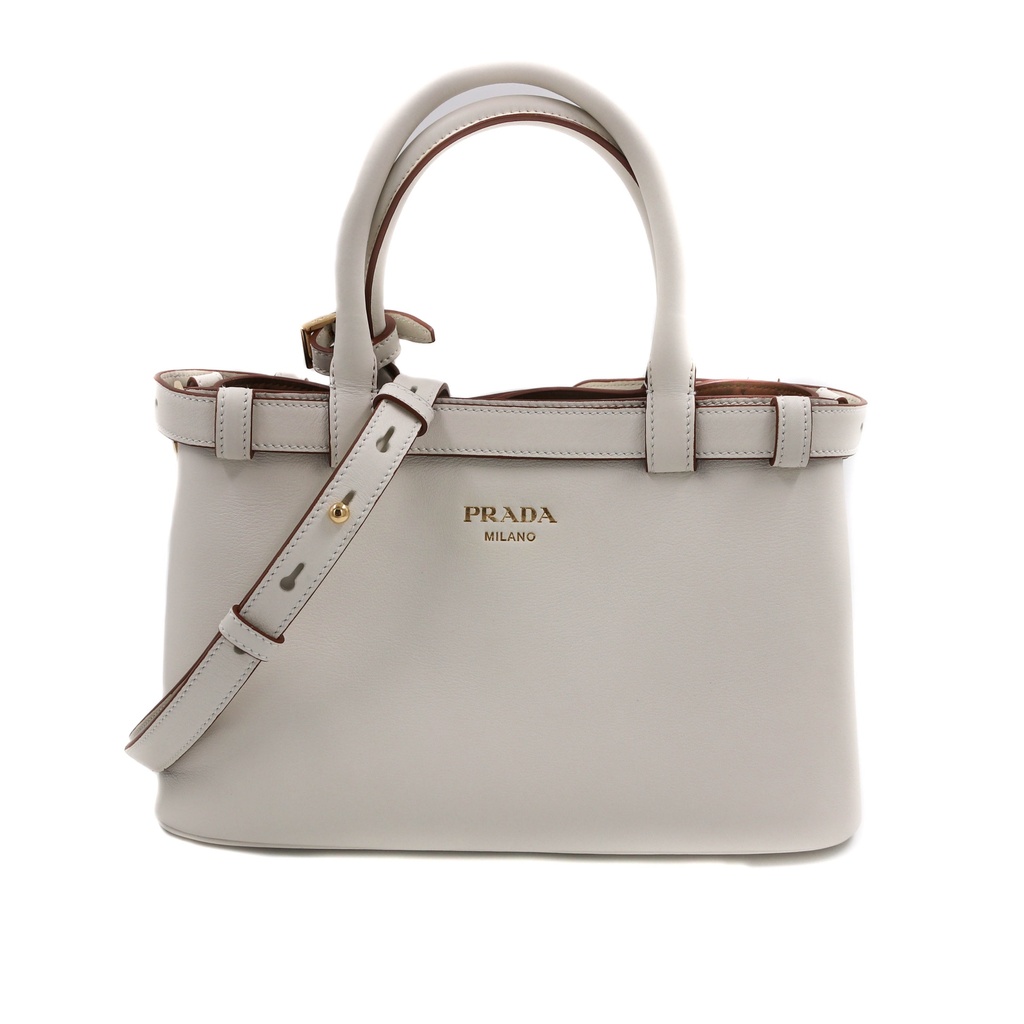 [Prada-23071] Prada Buckle Small Leather Handbag With Double Belt White