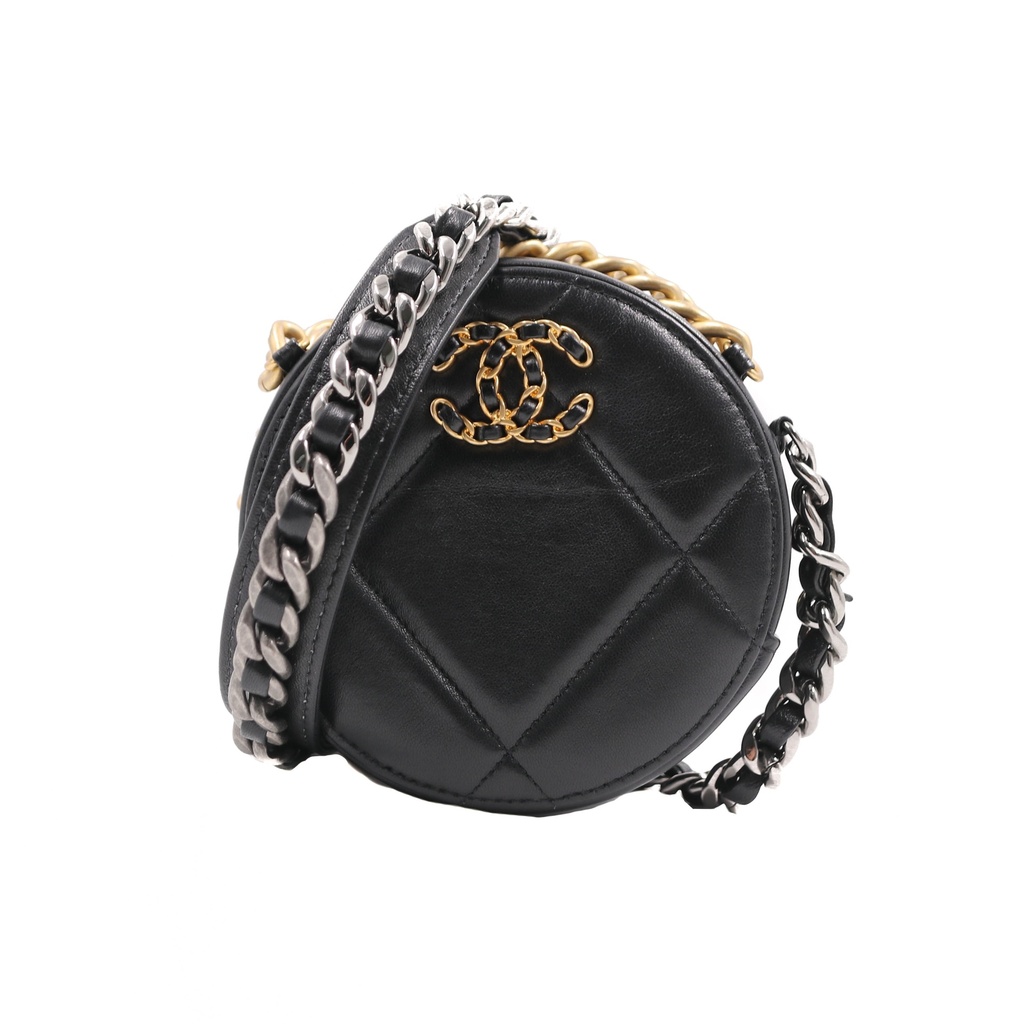 [Chanel-24263] Chanel Shiny Goatskin Quilted Chanel 19 Round Clutch With Chain Black