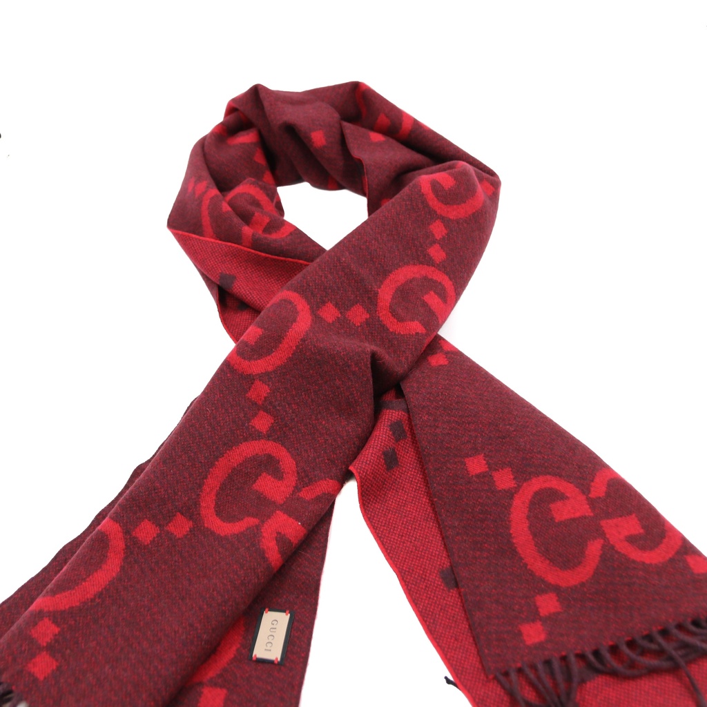[Gucci-24628] Gucci GG Red and Black Silk Scarf 674275 In Size 45x200