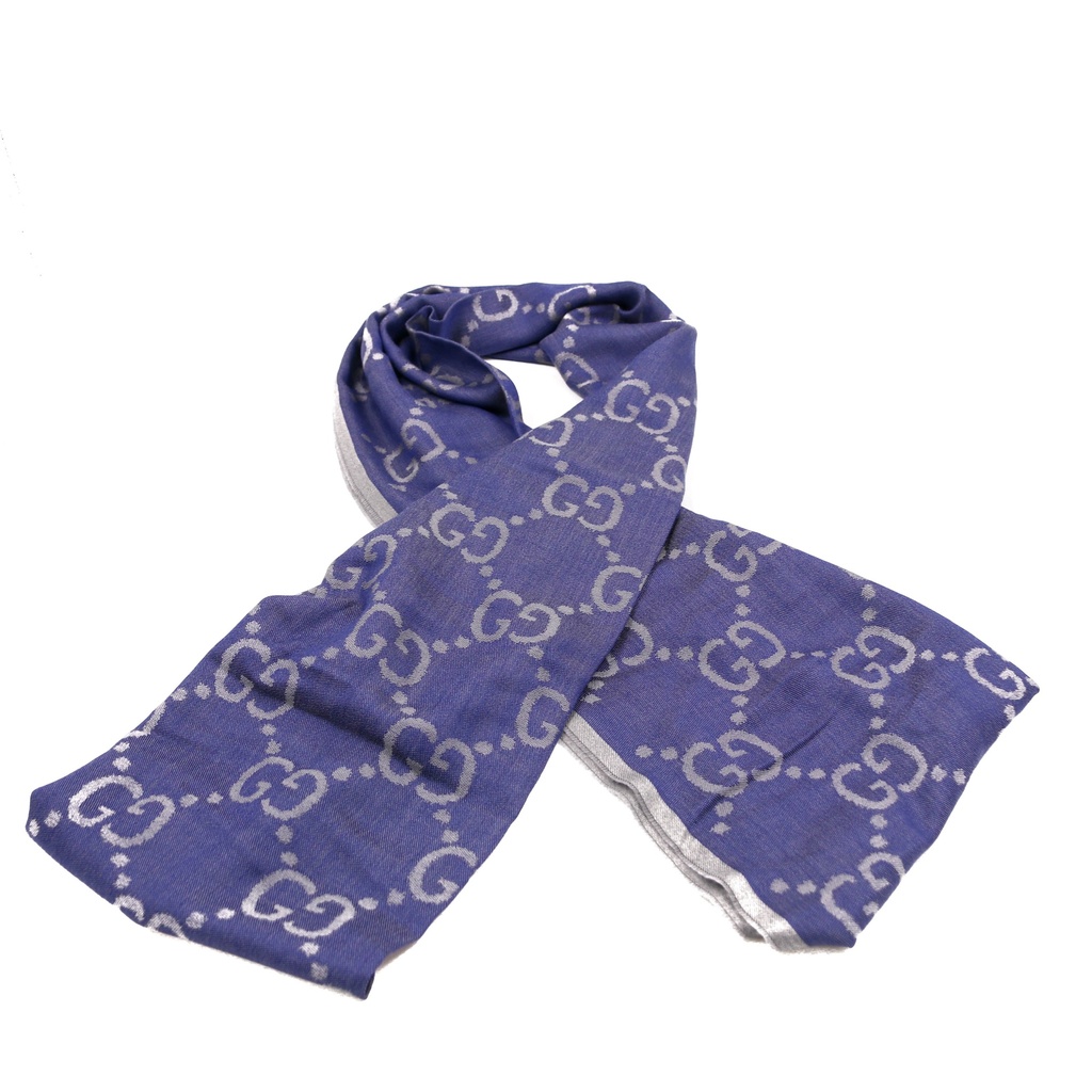 [Gucci-24631] Gucci GG Blue Scarf Silk 755134 In Size 70x200