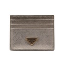 Prada Cardholder Gold Grained Leather With a Silver-Tone Logo Plaque
