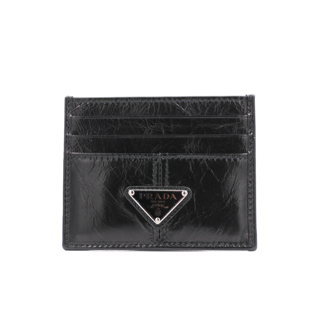 Prada Soft leather enameled metal triangle logo Cardholder