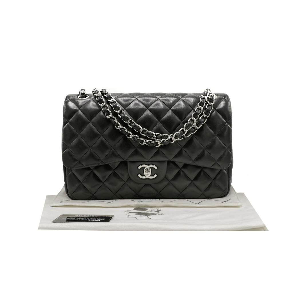 [CHANEL-25380] Chanel Classic Jumbo Double Flap in Black Lambskin and Silver Hardware
