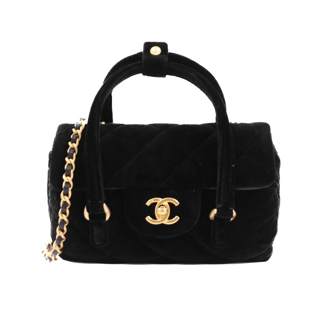 Chanel Velvet Quilted Mini Top Handle in Black