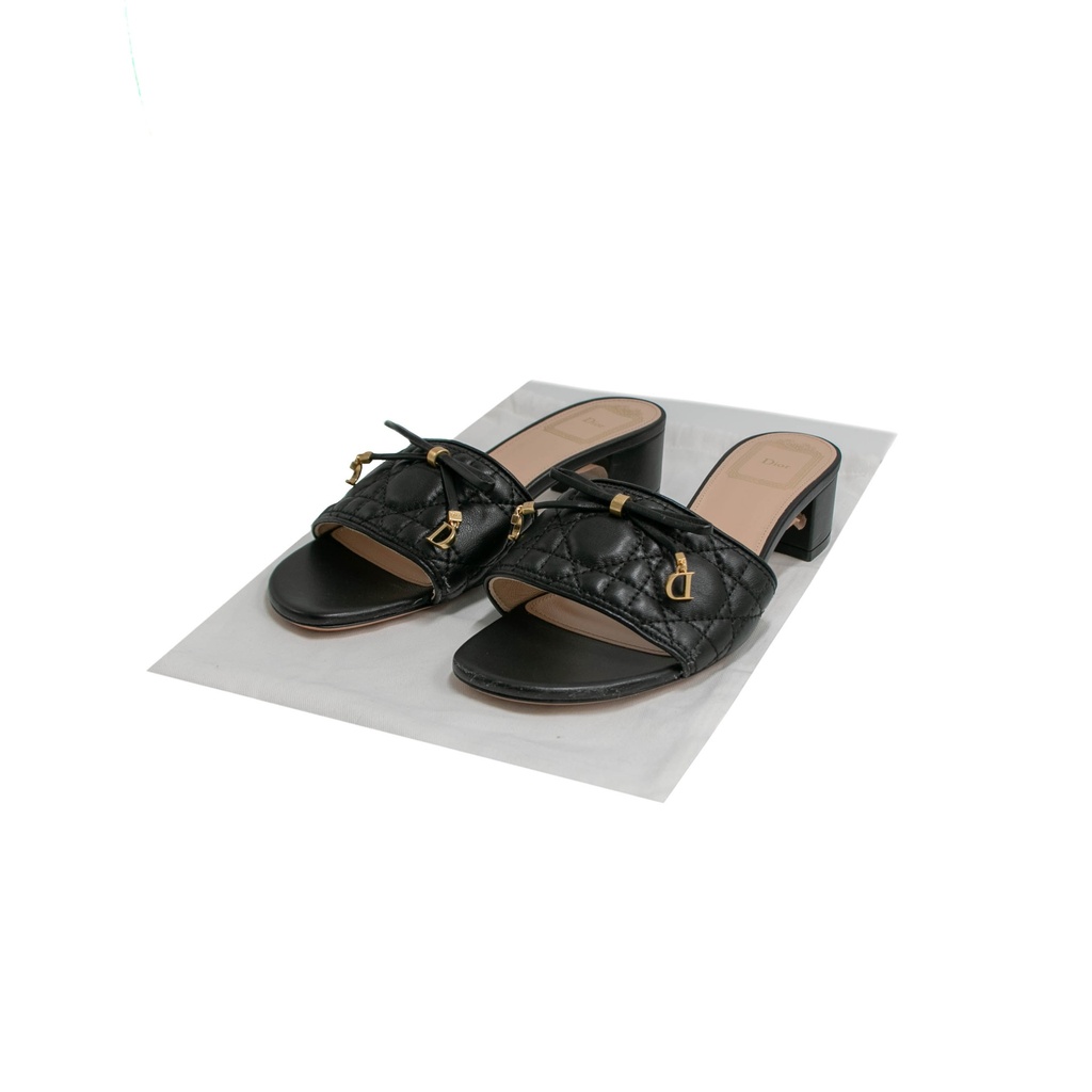 [Christian-Dior-25551] Christian Dior Lady Dior Heels Slide Lambskin Black In Size 38