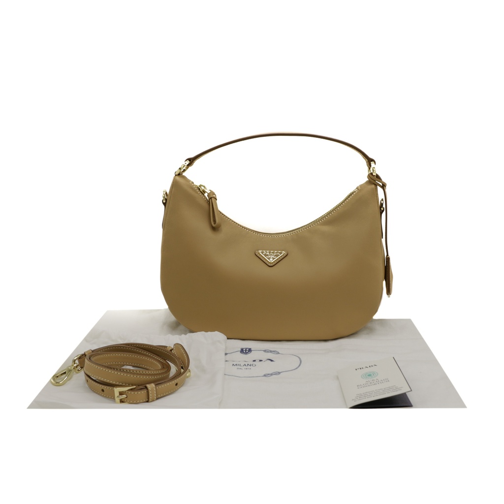 [Prada-25559] Prada Logo-Plaque Shoulder Bag in Beige