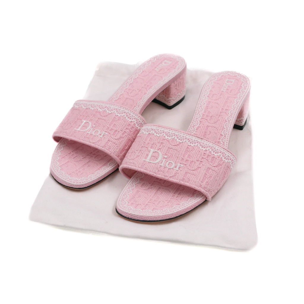 Christian Dior Dway Slide Pink Toile de Jouy Embroidered Cotton Size 38 1/2