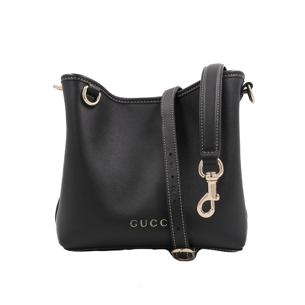 Gucci GG Emblem Black Leather Bucket Bag