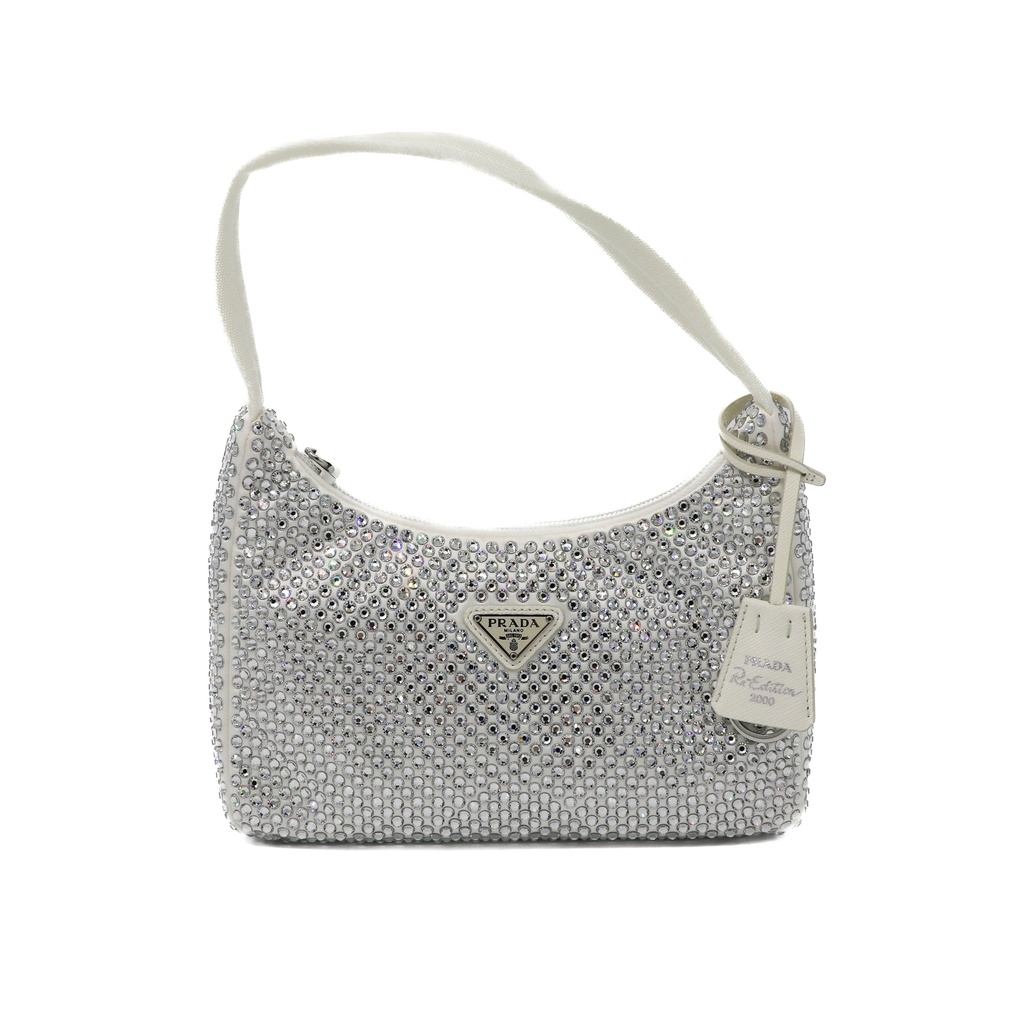 [Prada-26344] Prada Re-Edition 2000 Satin Crystal Mini Bag White