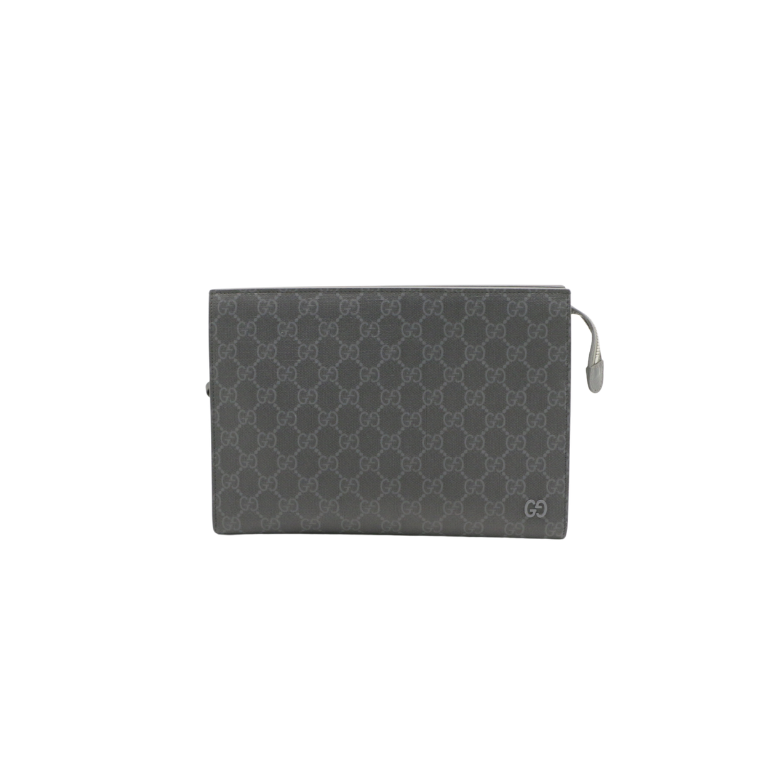 [Gucci-26551] Gucci GG Supreme Grey trim medium pouch 768255